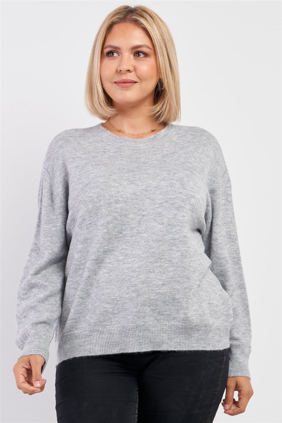 Plus Size Heather Grey Soft Ribbed Fleece Long Sleeve Sweater