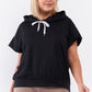 Black Short Wing Sleeve Relaxed Fit White Draw String Tie Hood Detail Top