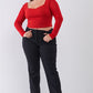Plus Size Crimson Red Long Mesh Sleeve Sweetheart Neck Detail Structured Crop Top