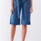 Mid Blue Denim Front Cut-out High-waist Buckle Self-tie Belt Detail Midi Flare Jean Pants
