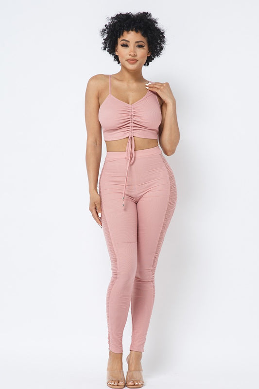 Mesh Strappy Adjustable Ruched Crop Top With Matching See Through Side Panel Leggings