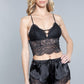 2 Piece. Lace Detail Croptop, Adjustable Straps And Satin With Inseam Lace Shorts