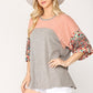 Colorblock Knit And Floral Print Mixed Top With Dolman Sleeve