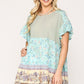Dot And Floral Print Mixed Ruffle Top With Back Keyhole