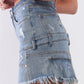 Medium Blue Denim High-waist Distressed Effect Asymmetrical Trim Raw Hem Detail Mini Skirt