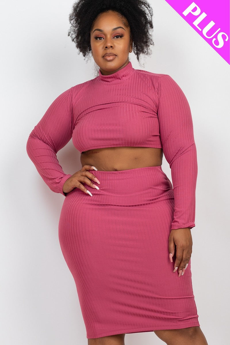 Plus Size Ribbed Mock Neck Crop Top & Midi Skirt Set