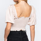 Elbow Sleeve Straight Neck Smocking W/ruffle Detail Woven Top