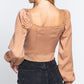 Long Sleeve Sweetheart Neck Front Ribbon Tie Detail Woven Top