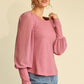 Solid Knit And Chiffon Mixed Top With Puff Long Sleeve