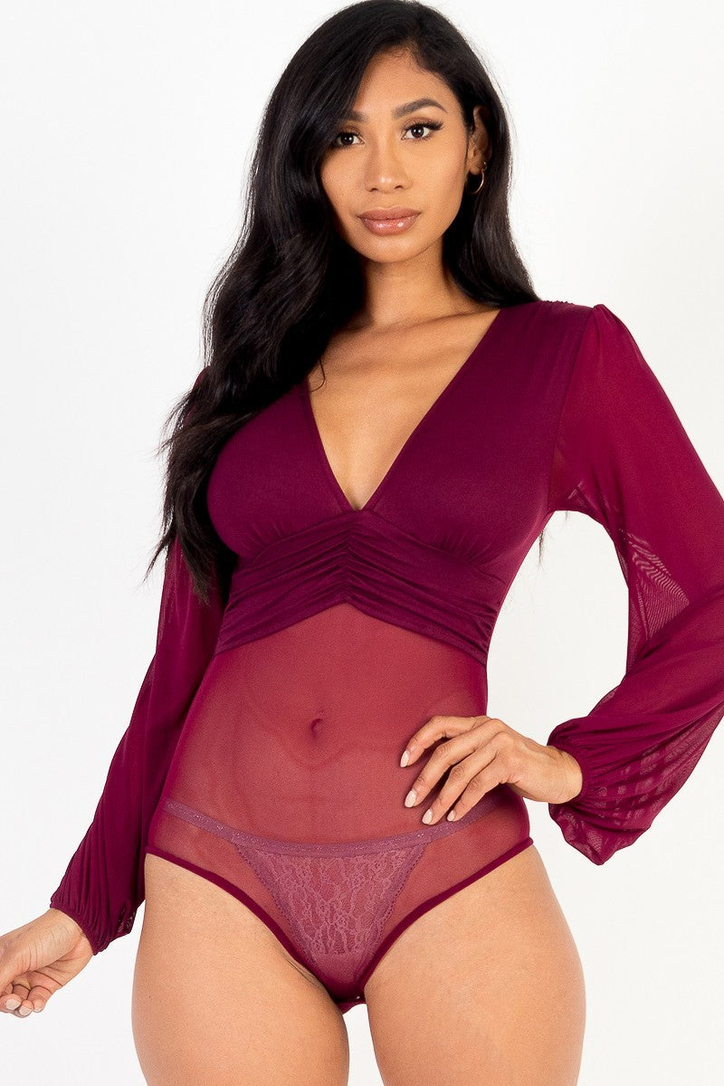 Mesh long sleeve deep v-neck bodysuit