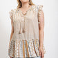 Woven Prints Mixed And Sleeveless Flutter Top With Tassel Tie