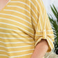 Drop Shoulder Roll Up Short Sleeve Choker Neck Stripe Print Top