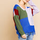 Color Blocked Long Sleeve V-neck Knit Pullover Sweater