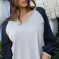 V Neck Contrast Woven Dot Print Long Sleeve Knit Top