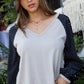 V Neck Contrast Woven Dot Print Long Sleeve Knit Top