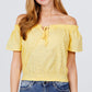 Short Sleeve Off The Shoulder Front Tie Detail Smocked Hem Eyelet Lace Woven Top