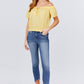 Short Sleeve Off The Shoulder Front Tie Detail Smocked Hem Eyelet Lace Woven Top