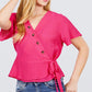 Short Sleeve V-neck Surplice Button Down Detail Ribbon Tie Back Shirring Woven Top