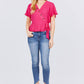 Short Sleeve V-neck Surplice Button Down Detail Ribbon Tie Back Shirring Woven Top