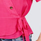 Short Sleeve V-neck Surplice Button Down Detail Ribbon Tie Back Shirring Woven Top