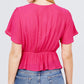 Short Sleeve V-neck Surplice Button Down Detail Ribbon Tie Back Shirring Woven Top