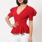 Draped Puff Shoulder Fashion Top With G Buckle Detail