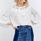 Cute Floral Mesh Lace Accent Yoke Crochet Detailed Tie-back Bell Sleeve Blouse Top