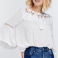 Cute Floral Mesh Lace Accent Yoke Crochet Detailed Tie-back Bell Sleeve Blouse Top