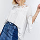Cute Floral Mesh Lace Accent Yoke Crochet Detailed Tie-back Bell Sleeve Blouse Top