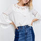 Cute Floral Mesh Lace Accent Yoke Crochet Detailed Tie-back Bell Sleeve Blouse Top