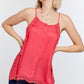 Boho Scallop Lace Trim Detailed Button Down Solid Subtle Textured Slit Side Overlay Layered Cami Top