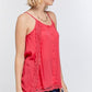 Boho Scallop Lace Trim Detailed Button Down Solid Subtle Textured Slit Side Overlay Layered Cami Top