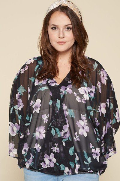 Plus Size Floral Chiffon Sheer Surplice Top