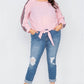 Plus Size Color Block Sleeve Front Knot Semi-sheer Top