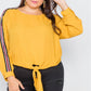 Plus Size Color Block Sleeve Front Knot Semi-sheer Top