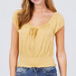 Short Puff Sleeve Front Tie Detail Smocked Waist Knit Gauze Top