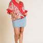 Floral Animal Mixed Print Ruffle Sleeve V-neck Crossbody Top With Scoop Hem