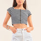 Black And Grey Striped Square Neck Mini Sleeve Cropped Top