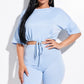 Solid French Terry Short Sleeve Tie Front Top And Biker Shorts 2 Piece Set