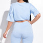 Solid French Terry Short Sleeve Tie Front Top And Biker Shorts 2 Piece Set
