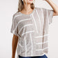 Horizontal And Vertical Striped Short Folded Sleeve Top With High Low Hem
