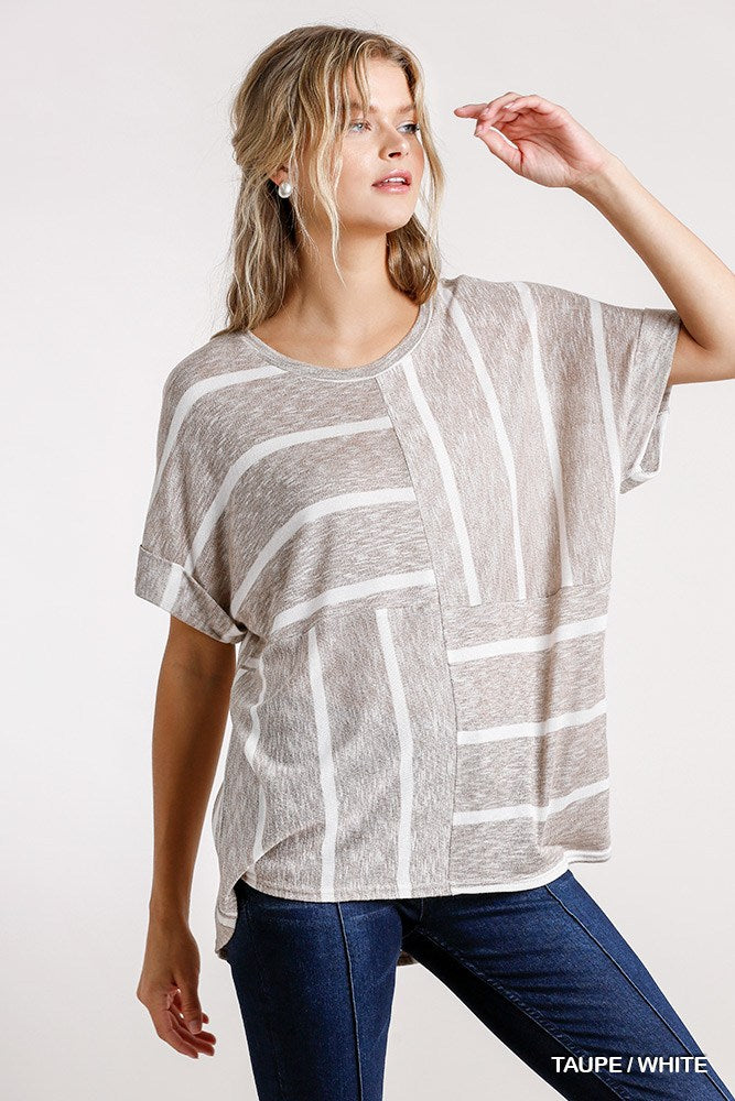 Horizontal And Vertical Striped Short Folded Sleeve Top With High Low Hem