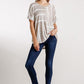 Horizontal And Vertical Striped Short Folded Sleeve Top With High Low Hem