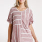 Horizontal And Vertical Striped Short Folded Sleeve Top With High Low Hem