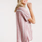 Horizontal And Vertical Striped Short Folded Sleeve Top With High Low Hem