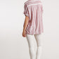 Horizontal And Vertical Striped Short Folded Sleeve Top With High Low Hem