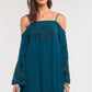 Teal Green Off-the-shoulder Flare Long Sleeve Square Neck Crochet Embroidery Mini Dress