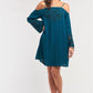 Teal Green Off-the-shoulder Flare Long Sleeve Square Neck Crochet Embroidery Mini Dress