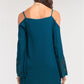 Teal Green Off-the-shoulder Flare Long Sleeve Square Neck Crochet Embroidery Mini Dress