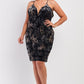 Plus Black Royal Printed Velvet Gradient Halter Tie V-neck Open Back Fitted Mini Dress